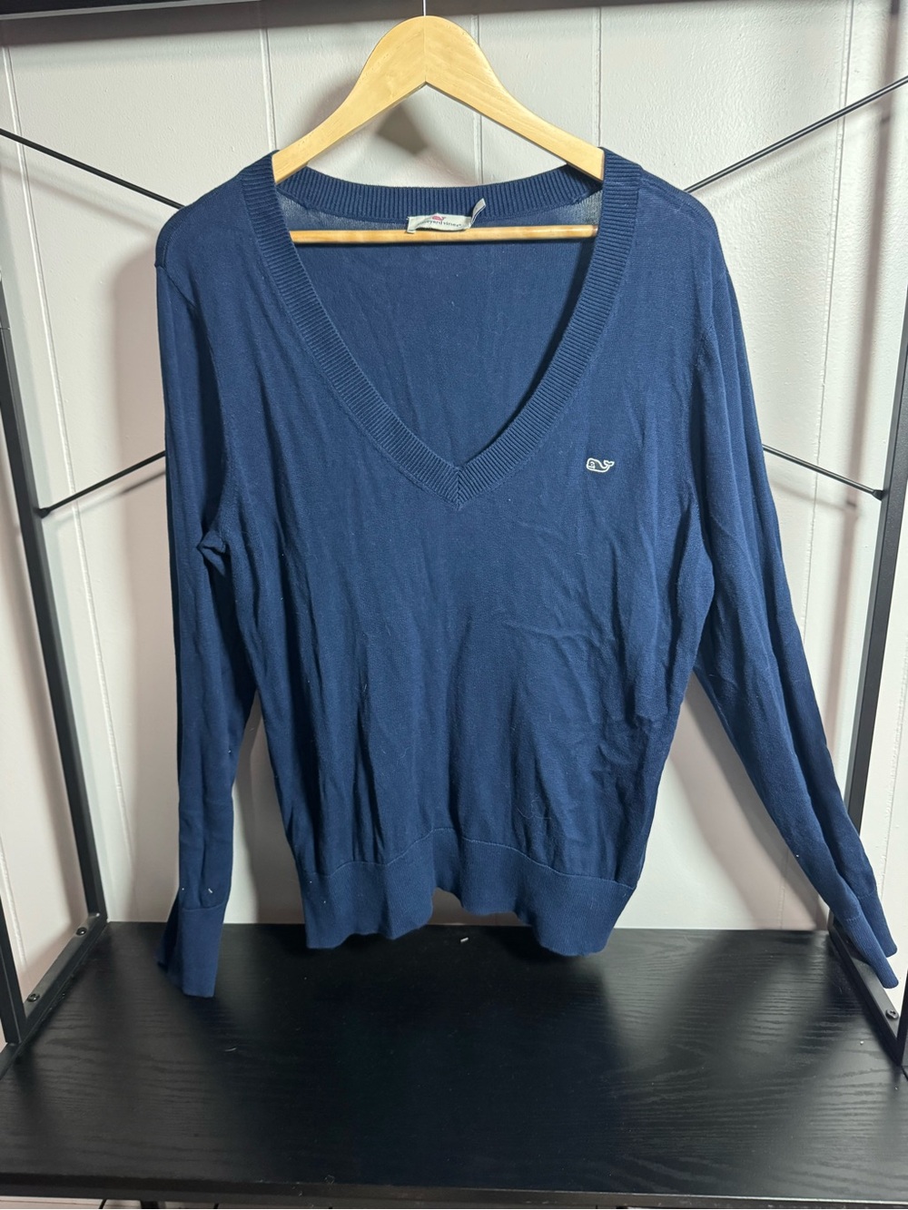 Vineyard Vines Navy V-Neck Sweater with Whale Logo
